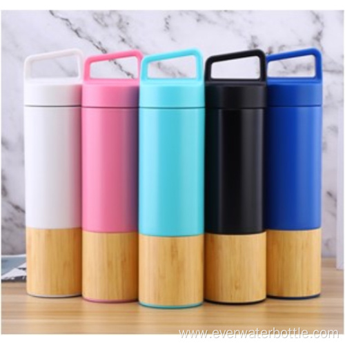 20oz Handle Lid Bamboo Solid Color Vacuum Bottle